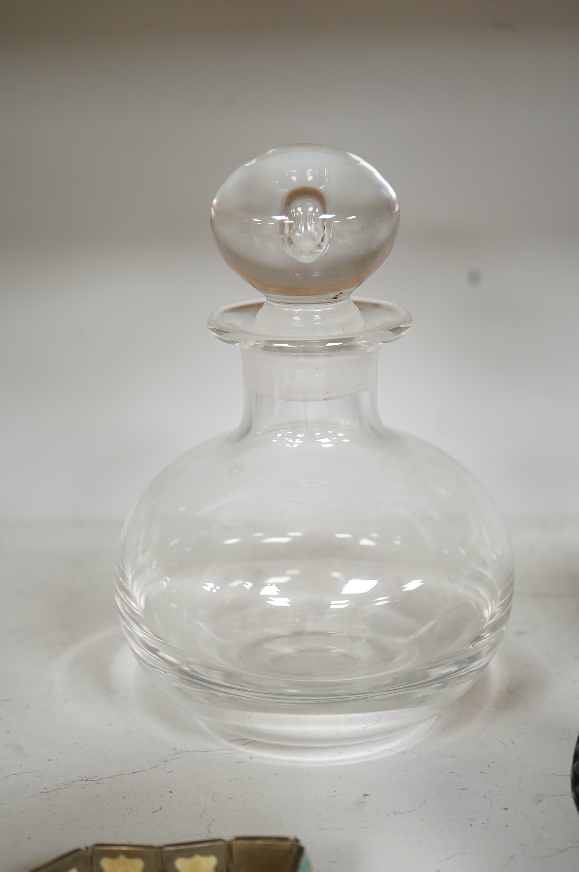 Sundry items to include a cased set of silver salts with glass liners, a Persian panelled bracelet and a glass decanter, largest 23cm high